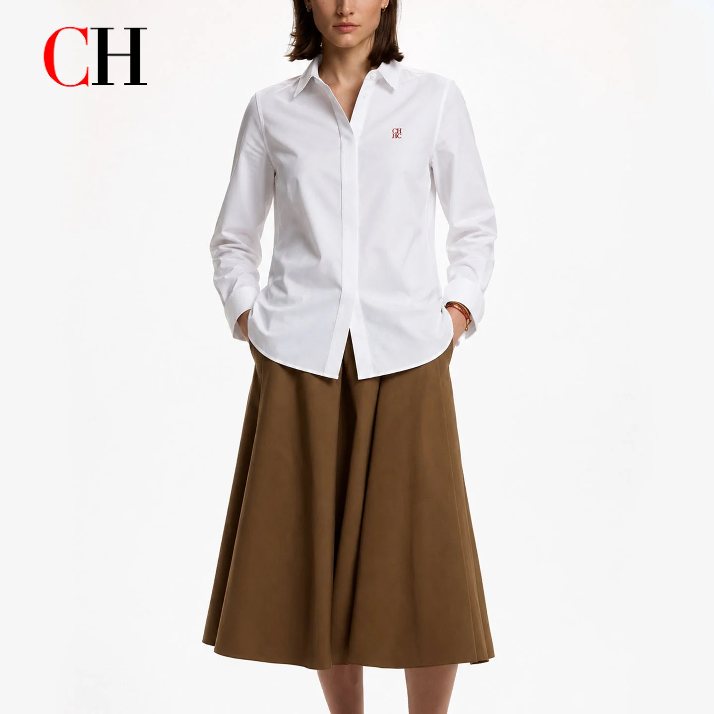 CH Damen Weißes Hemd mit Knöpfen, Langarm, Slim Fit, Bestickte Bürobluse, Elegantes Casual-Arbeitsoberteil