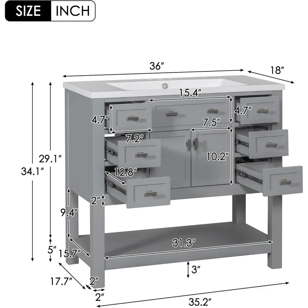 36" Bathroom Vanity with Sink, Bathroom Storage Cabinet with Soft Closing Doors and 6 Dovetail Drawers, Modern Vanities
