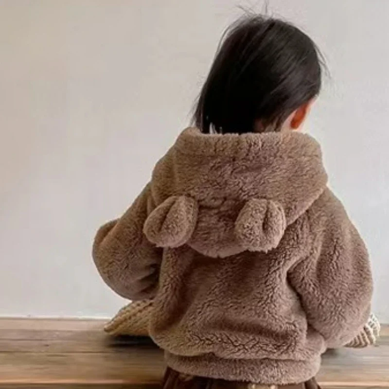 Winter Boys and Girls Thickened Coat Korean Version of Baby Clothing Cartoon Kids Lamb Wool Warm Hooded Cotton Jacket