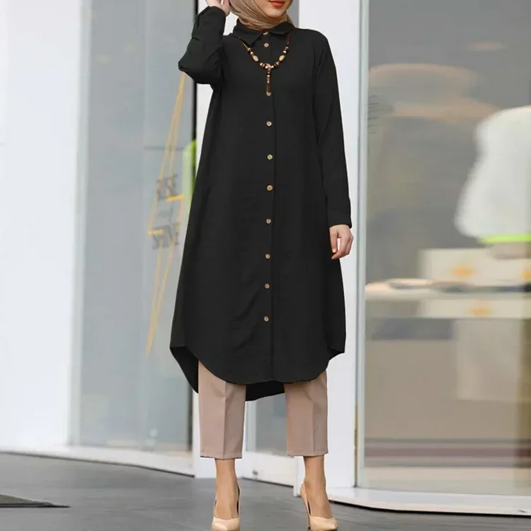 Muslim Solid Mid-Length Shirt Dress for Women Dubai Abaya Fashion Single-Breasted Long Shirt Top Turkey Arab Islam  Muslim Tops