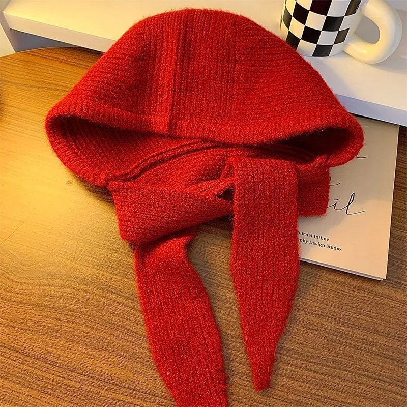 Korean Hats Scarf Set with Botton Scarf Balaclava Hat Warm Neck Set Women Knitted Wool Pullover Hat Gothic Y2k Winter