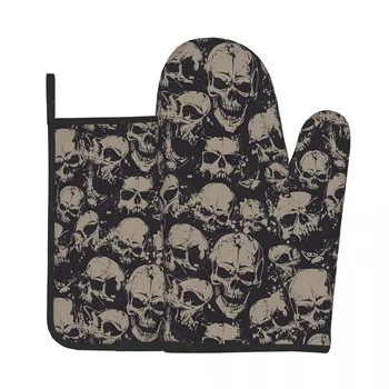 Guanti da forno e presine resistenti al calore con teschio retrò spaventoso, set di guanti da forno per barbecue, cottura al forno, grigliate 1