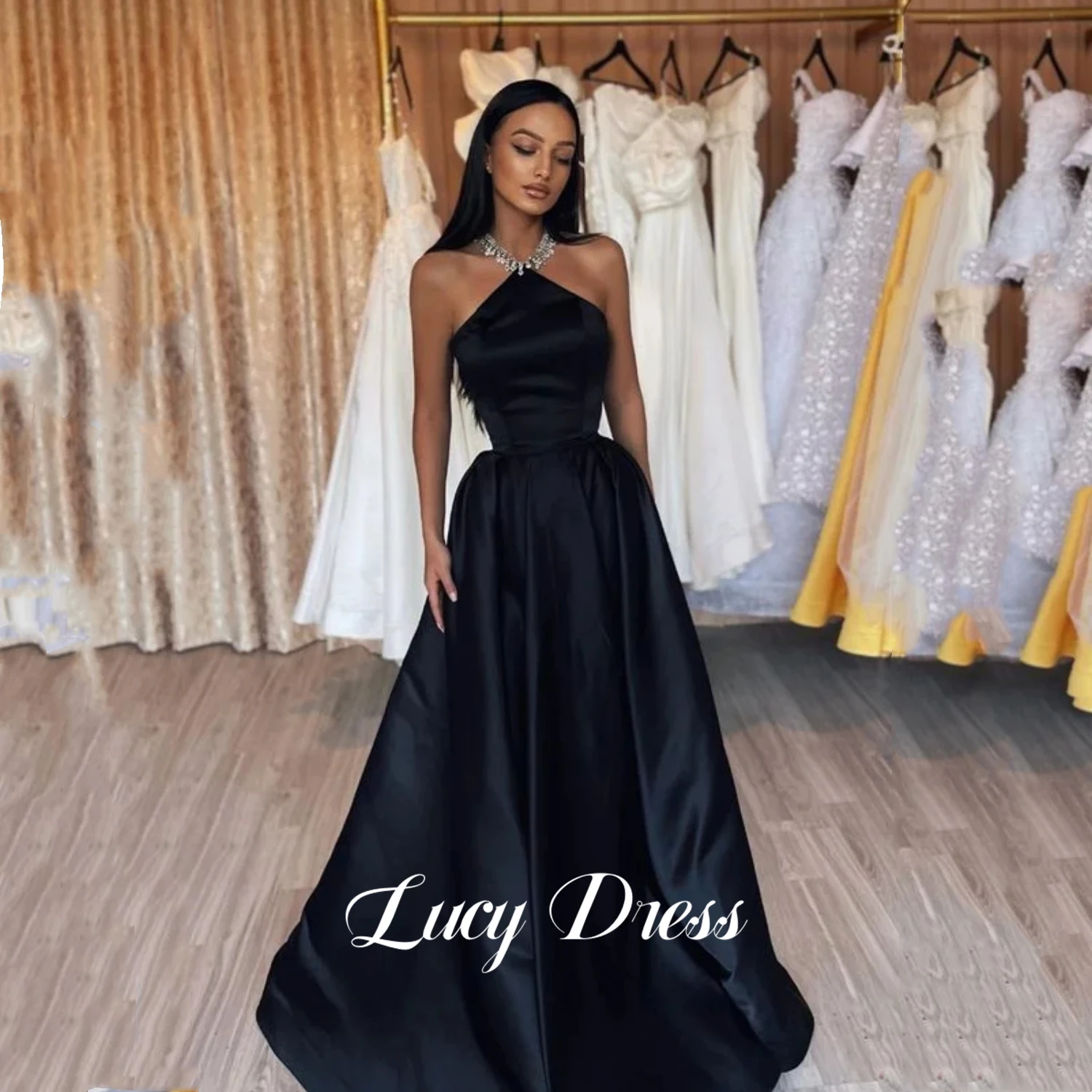 

Lucy Halter Neck Party Dress for Wedding Guest Dresses for Women Black Satin Line A Sharon Happy Dress 2024 Evening Gown Prom