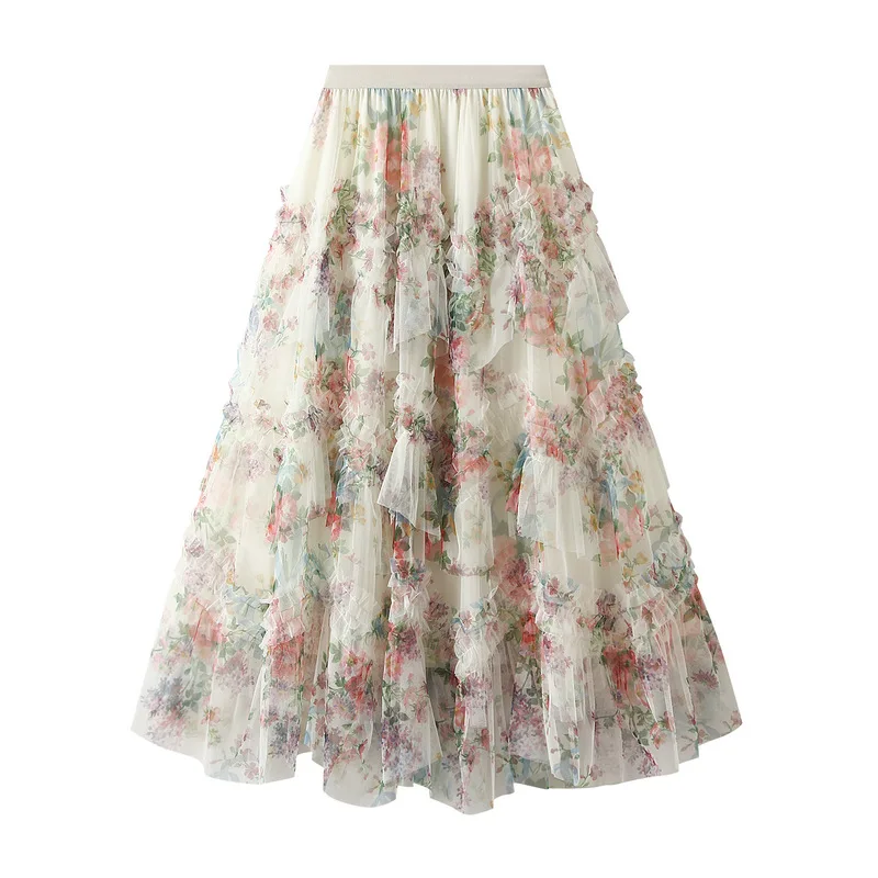 

Korean Fashion Floral Long Skirts Women 2024 Spring Summer Elegant Prairie Chic Midi Skirt High Waisted A-Line Tulle Tutu Skirt