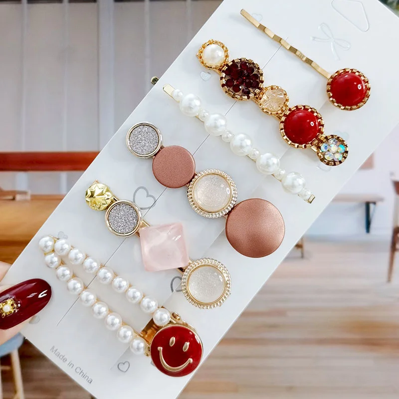 Fashion 6/8pcs Set Pearl Crystal Acrylic Hair Clips For