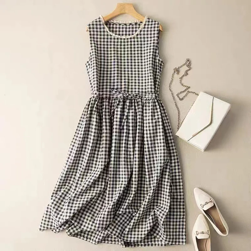 Cotton linen plaid sleeveless dresses women's 2023 summer new to Korean