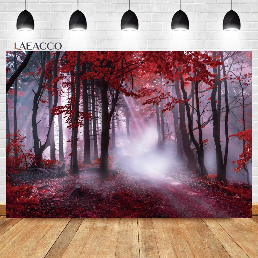 

Laeacco Autumn Red Maple Trees Backdrop Gorgeous Misty Forest Fall Leaves Path Landscape Adult Portrait Photography Background