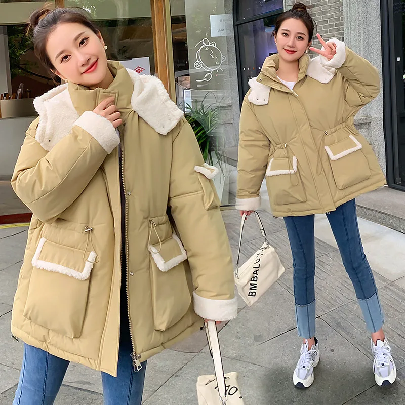 

Lamb Wool Stitching Mid-length Down Padded Jacket Korean Style Waist Padded Thickened Warm Small Fragrant Wind Padded Jacket