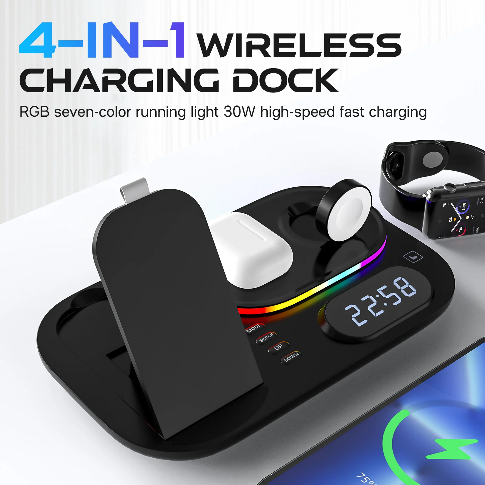 

4 in 1 Wireless Charging Dock with Digital Clock and Night Light Fast Charging Stand Compatible with Apple Phone Earphone Watch