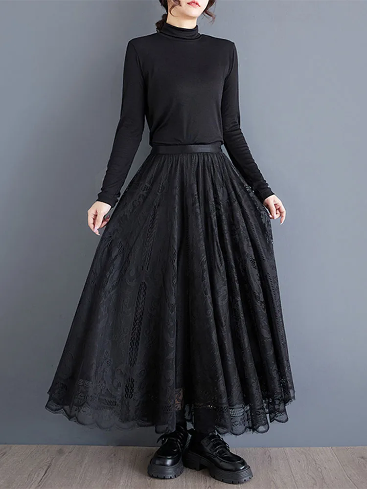 2025 Spring Autumn New Black Vintage Hollow Lace Skirt Women High Elastic Waist  Loose Casual Midi Skirts Fashion Clothing