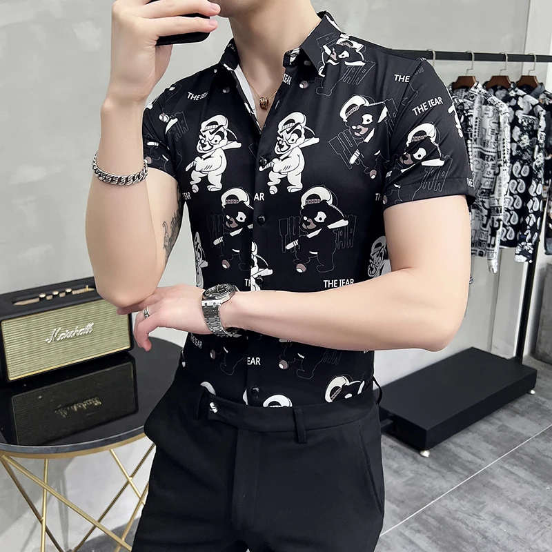 

Boutique Fashionable Men's Fashion Advanced Touch Man Non-ironing Printed Casual Slim Men's Short-sleeved Shirt Youth Popular