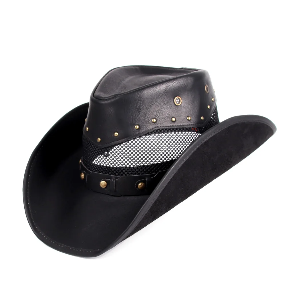 Fashion Unisex Winter Hat Men Leather Western Cowboy Hat Summer with Mesh Dad Godfather Hats