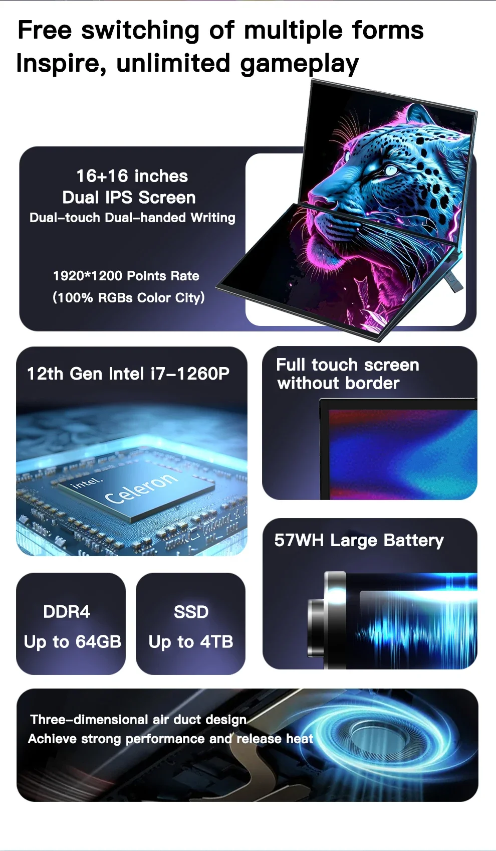 SZBOX DS16 16inch Dual Screen Laptop i5-12450H / i7-1260P Wins 11 2.5K 1024 / IPS WIFI BT 57.76WH Battery 16" Double Laptop 2