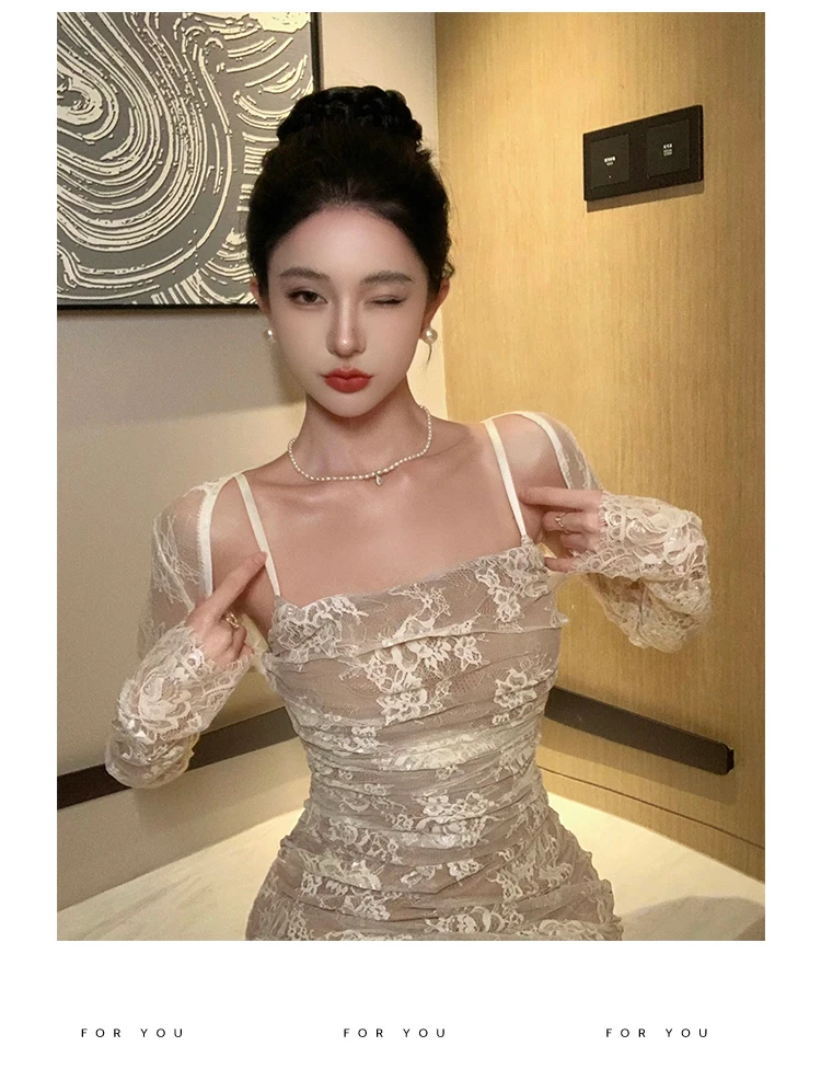 Sexy Bodycon Lace Long Dresses for Women Wedding Party Dress Spaghetti Strap with Smock French Vintage Evening Maxi Vestidos New