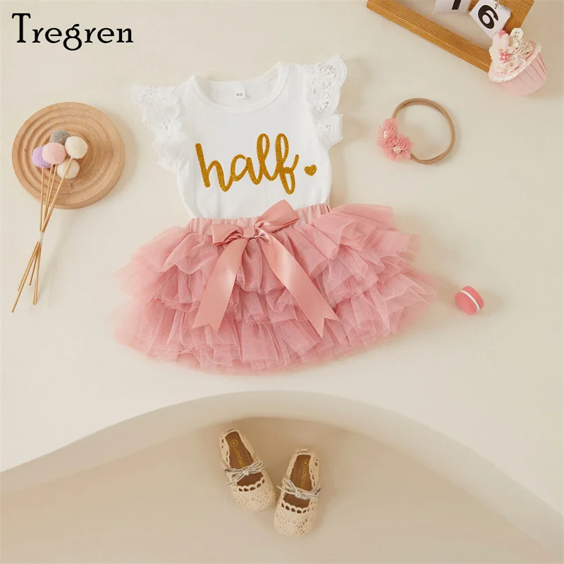 

Tregren Infant Baby Girls Summer Outfits White Flying Sleeve Letter Print Romper + Tulle Skirt + Headband 3pcs Clothes Sets