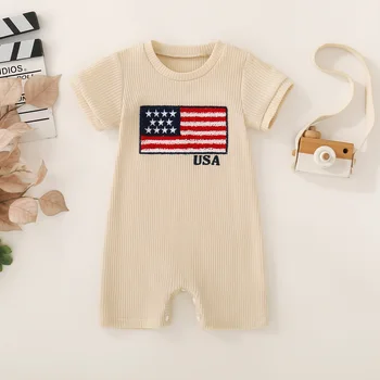 Summer Neutral Infants Big Flag Embroidery Short Sleeve Jumpsuit Short Climb Independence Day 1