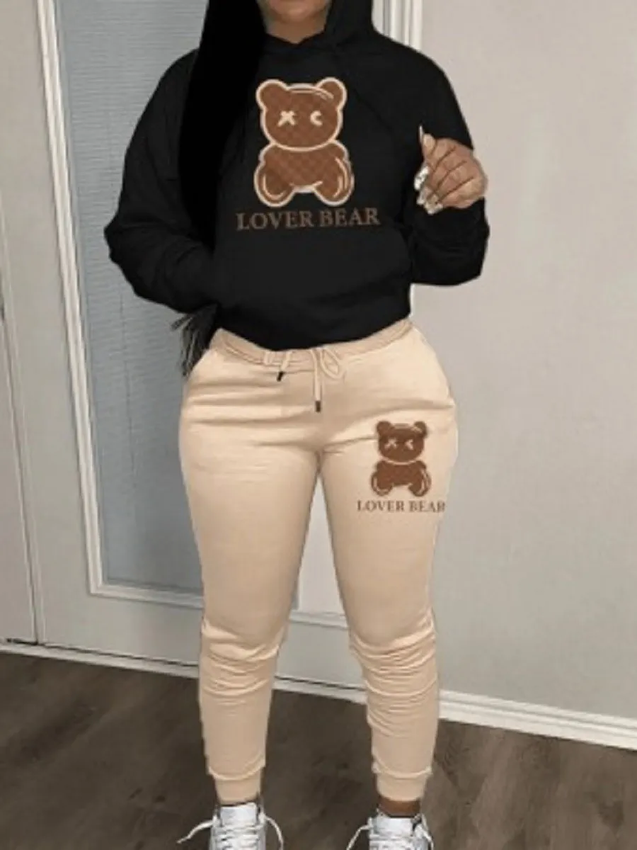 LW Two Piece Set Cartoon Letter Print Tracksuit Set Long Sleeve Drawstring Pullover Hoodies Top Sweat Pants Jogger Suits new the lion king simba hoodies women kawaii hooded disney pullover clothes cartoon print aesthetic warm femme couple sweatshirt