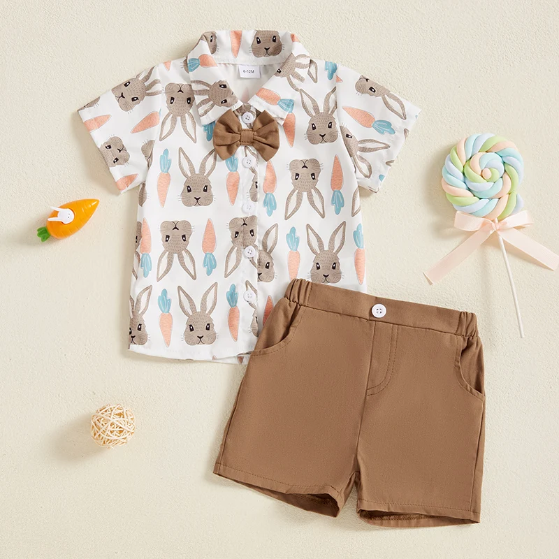 Toddler Baby Boys Easter Outfits Bunny Carrot Pattern Turn Down Collar Short Sleeve Shirt with Shorts 2 Pcs Set for Summer
