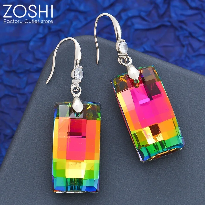 

Rainbow Colorfull Shiny Crystal Earrings for Women Elegant French Silver Plate Hook Clasp Drop Earrings Square Facted side Party