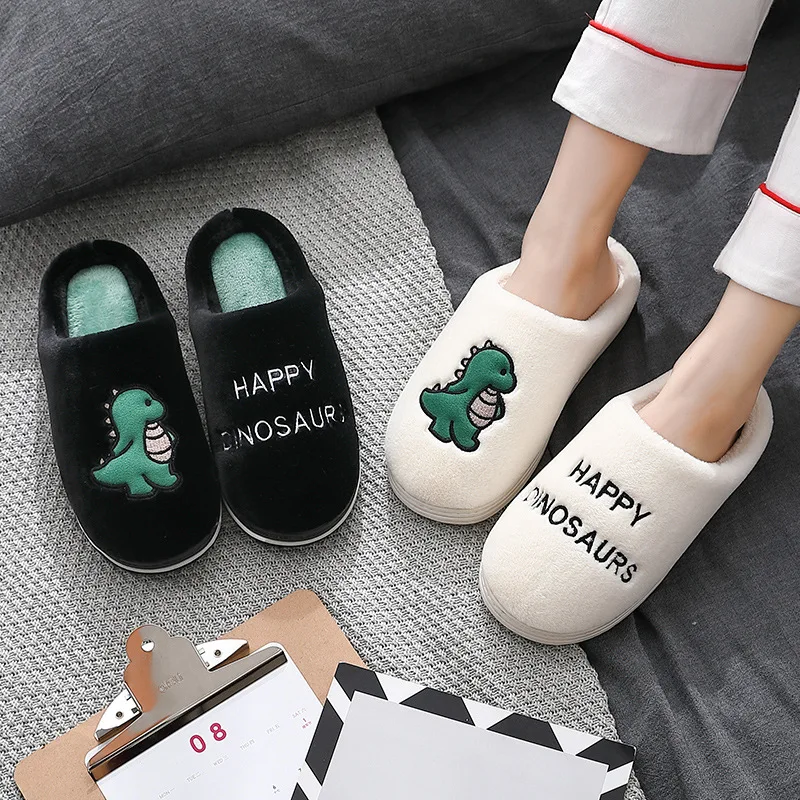 

2023 Cute Dinosaur Women Men Slippers Fluffy Cushion Warm Slides Cute Womens Comfortable Houseshoes Good Vibes Winter Shoes