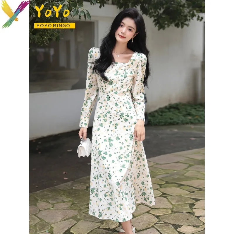 

Yoyo Bingo Elegant Autumn Dress 2023 Yellow Floral Chiffon Square Collar Long Sleeve Slim Long Midi A-line Dress Casual Beach