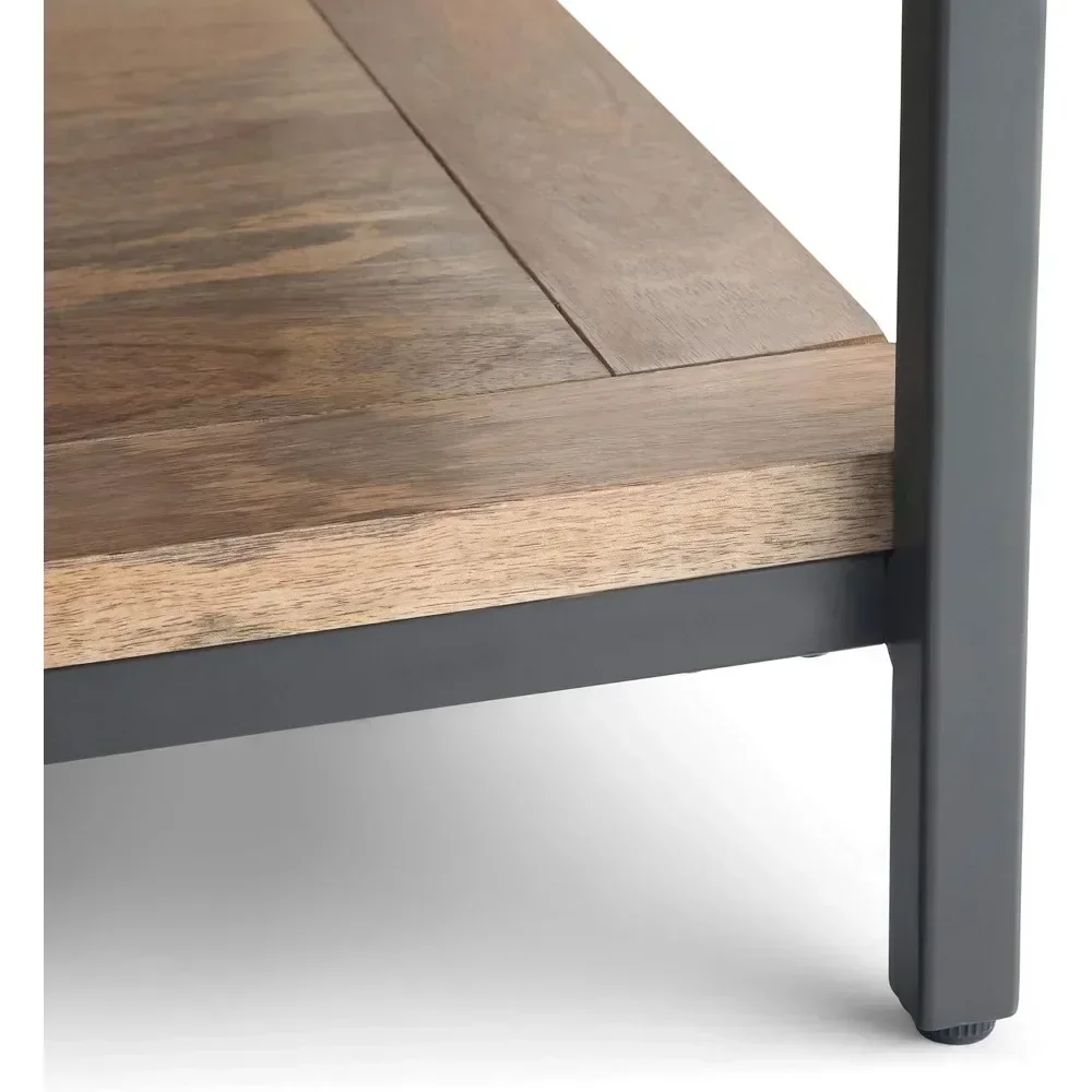 SOLID MANGO WOOD and Metal 34 Inch Wide Square Modern Industrial Coffee Table in Natural, for The Living Room and Family Room