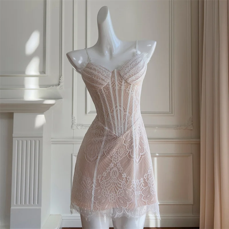 

2024 Fashion Women Summer Dress White Sexy Lace Fishbone Slim Strapless Evening Club Cocktail Party Dresses Stage Costumes 68511