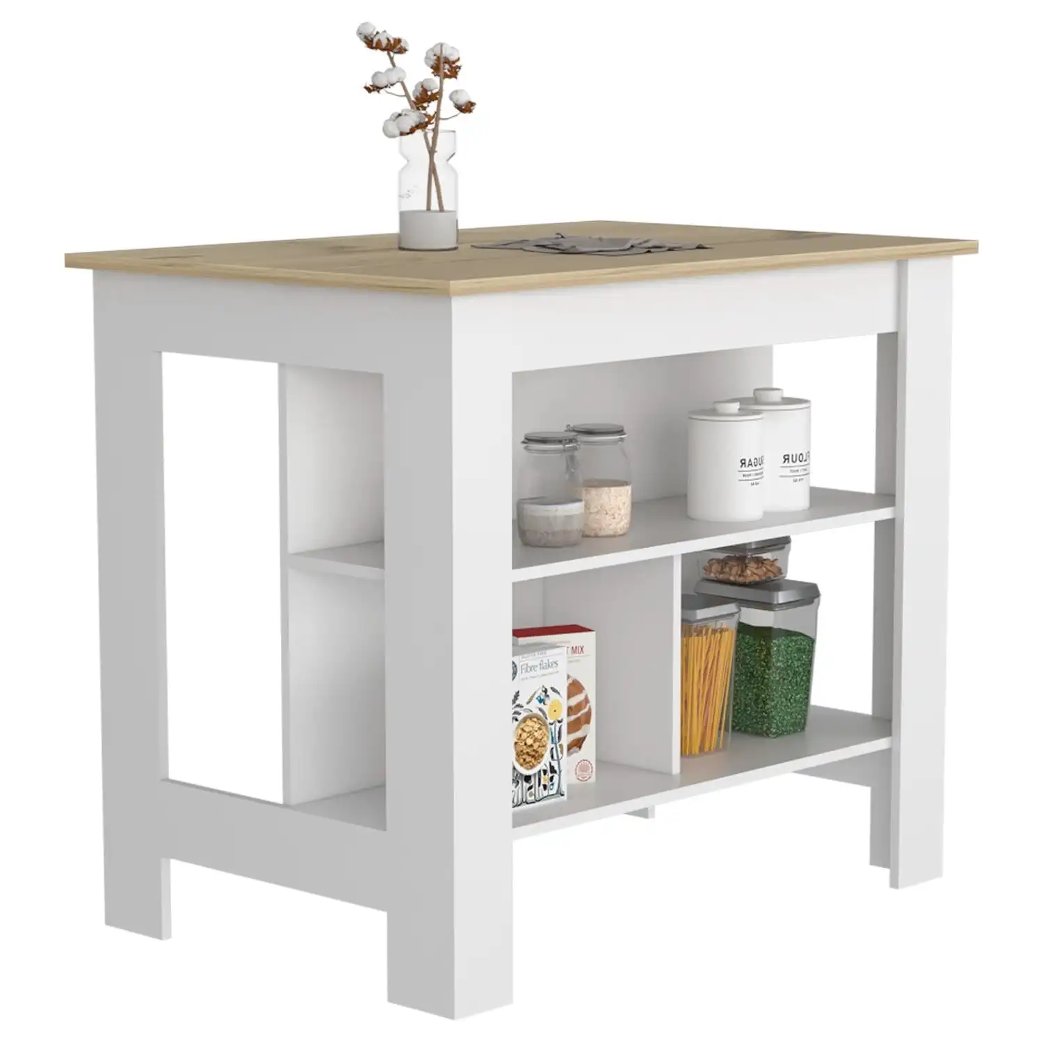 Cala Kitchen Island, Four Legs, Three Shelves  White / Light Oak 5