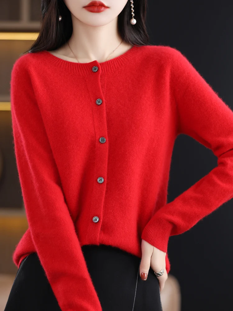 Cardigan lavorato a maglia in cashmere con scollo rotondo da donna, bianco, S