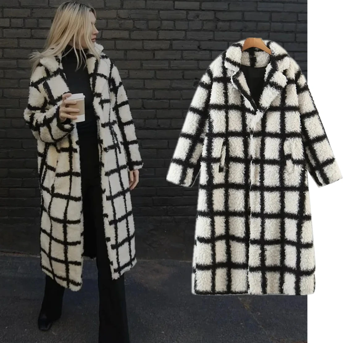 

Elmsk Ins Fashion Blogger Loose Lamb Hair Long Coat Retro Plaid Drop Shoulder Trench Coat Women