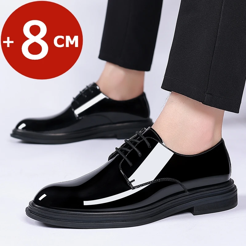 FUQIAO Men 6/8cm Derby Shoes Patent Leather Height Increase Men Dress Shoes Formal Elevator Business Lift Bright Upper mens leather dress shoes