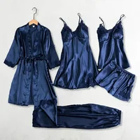 5 pièces nuit pyjamas ensemble Satin maison femmes chemise de nuit dentelle Robe sommeil costume Cami gilet Cardigan pantalon vêtements de nuit Robe Lingerie 5