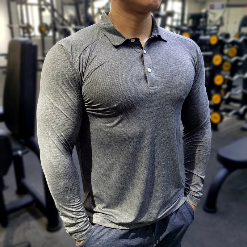 Sports Polo Shirt Men's Autumn Quick-Drying Long-Sleeved Breathable Stretch Slim Running Training Lapel T-Shirt Fitness Top