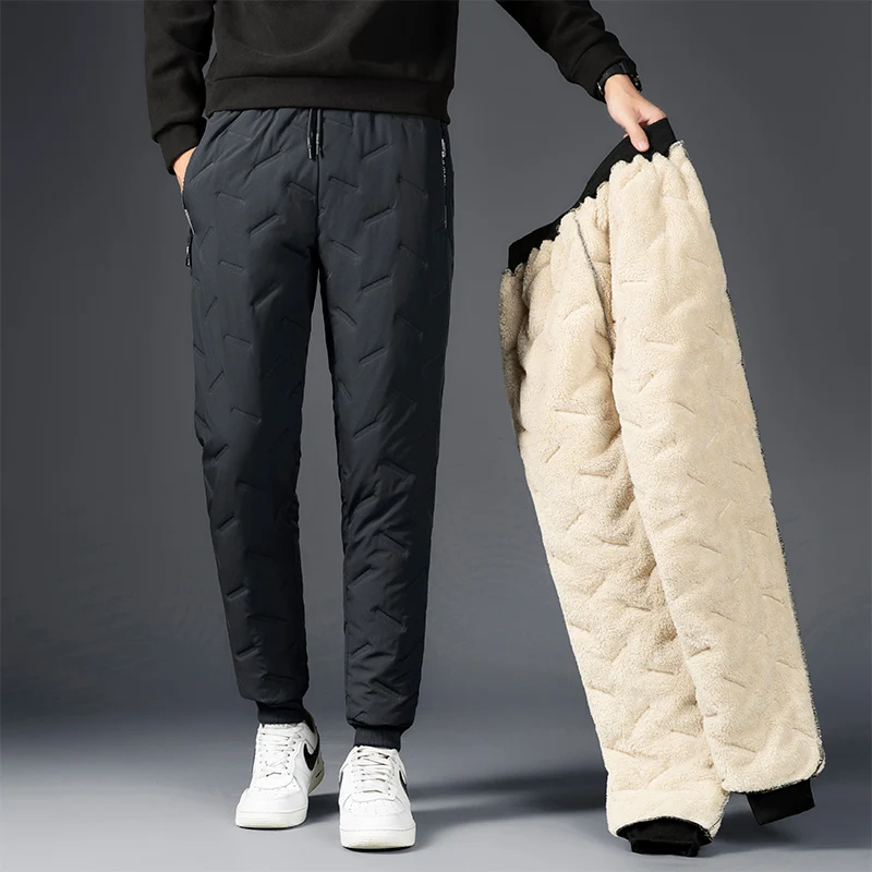 Men Plush Thick Fleece Waterproof Sweatpant Winter Windproof Casual Pants Heavyweight Pants Lambswool Warm Trousers Outerwear