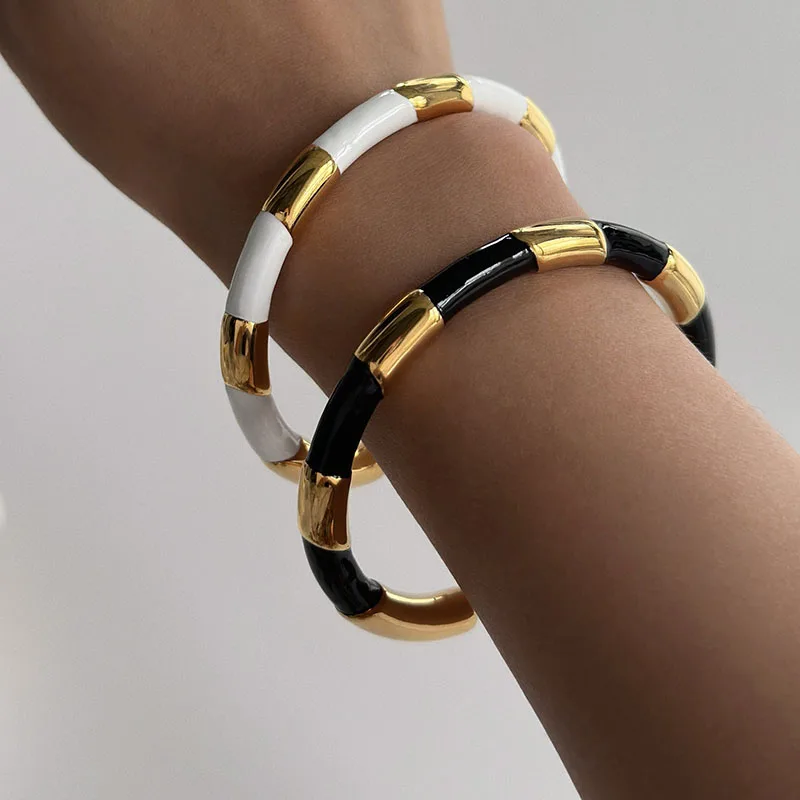 

White and black enamel cuff bangles stainless steel open bangles for women minimalist simple elegant jewelry new in waterproof