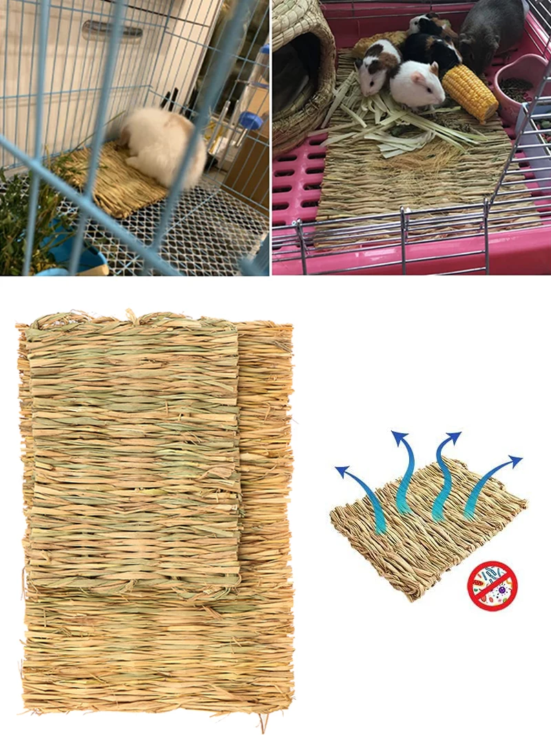 Rabbits Bunny Grass Mat Small Animal Woven Hay Mat Natural Straw Bedding Resting Cage For Guinea Pig Chinchilla Hamster Rat