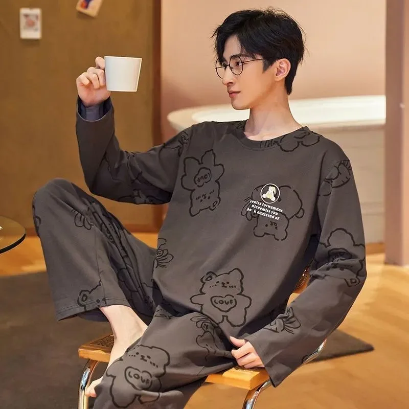 Men Spring Pajamas Long Sleeve Pajamas Plus Size Round Collar Home Wear Loose Casual Pyjamas Milk Silk Screen Print Nightdress