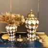 Gold Ringer Checkmate Can Ceramic Ginger Jar Storage Tank Flower Vase Porcelain Artifact Floral Accessories Home Decoration 4
