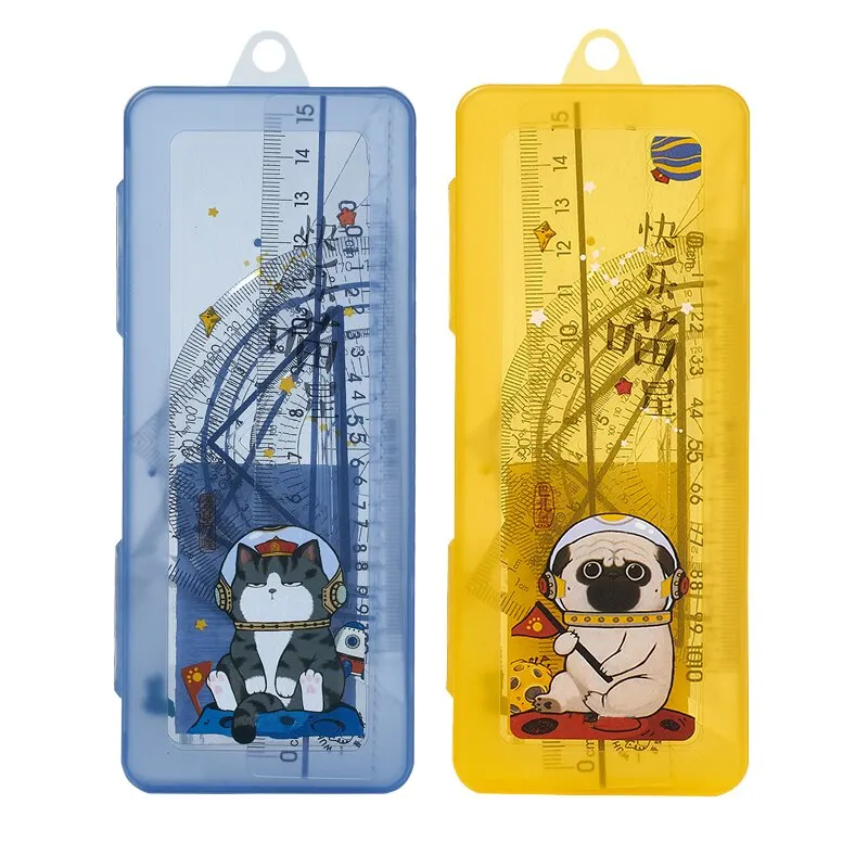 4pcs/Set Plastic Ruler Set Geometry Maths Drawing Carton Cat Stationery Rulers Mathematical Tool for School Student Supplies