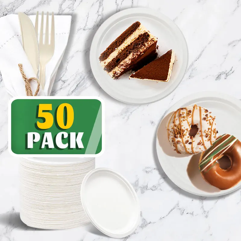 50PCS Disposable Plate Heavy-Duty Natural Sugarcane 7-inch ECO-friendly Biodegradable White Bagasse Paper Plate Party Dinner