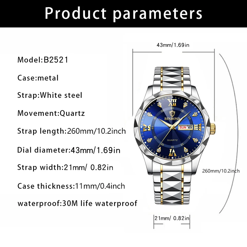 BINBOND-Relógio de pulso masculino quartzo em aço inoxidável, Marca de topo, Luxo, Impermeável, Luminoso, Data, Semana, Relógios masculinos