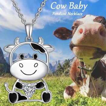 Stylish and Cute Shiny Heart-shaped Gemstone Cow Baby Pendant Necklace, Perfect Gift for Family and Friends