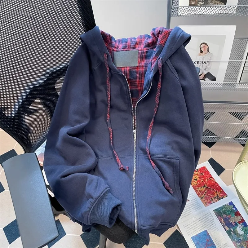 

EBAIHUI American Vintage Women Sweatshirt Plaid Lining Design Ladies Zipper Cardigan Coat Spring and Autumn Slouchy Pocket Tops