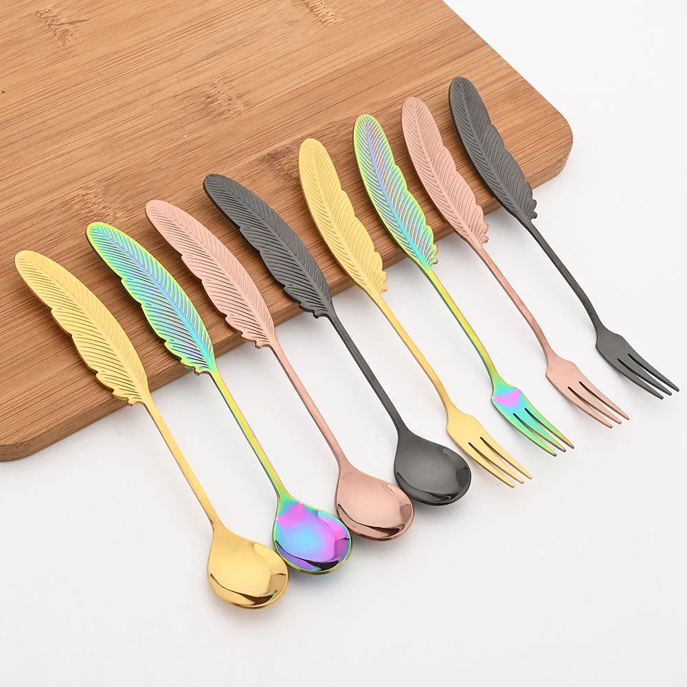 Feather Spoon Fork Stainless Steel TeaSpoon Creative Coffee Spoon For Ice Cream Cake Tool Decoration Cutlery Kitchen Accessories