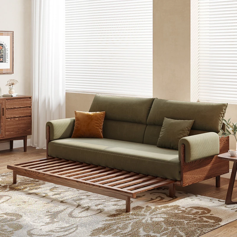 

Nordic solid wood technology fabric sofa bed folding dual use