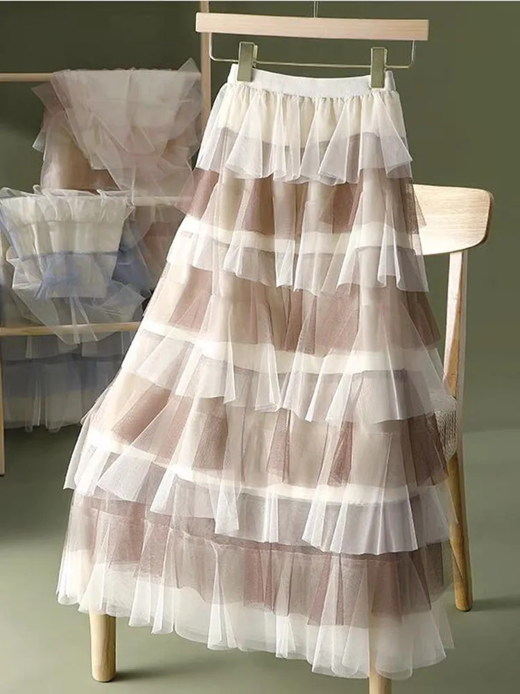 

Women Summer Skirt Fairy Multi Layered Cake Skirt High Quality Mesh Half Skirt High Waist Slim Spliced A-line Long Skirt D3767