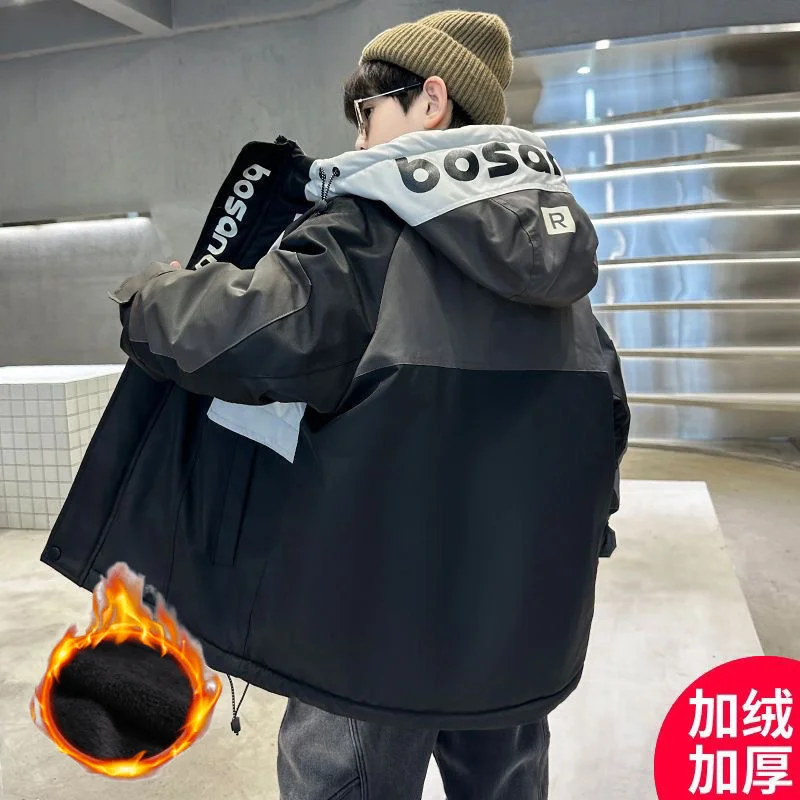Boys Kids Jackets Teens Trench Coat Plus Velvet Thicken Overcoat Fleece Windproof Hooded Cotton Clothing Winter Warm