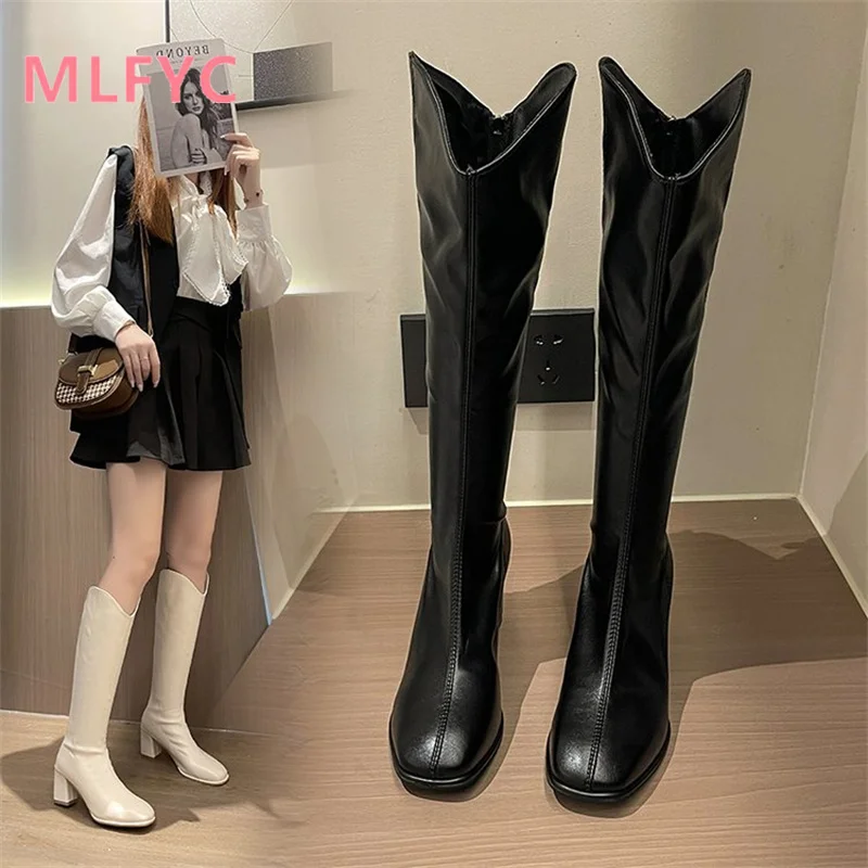 Western Cowboy Boots Women's Autumn Boots 2023 New High Barrel Knight Boots Women's Square Head V-Neck Boots black boots