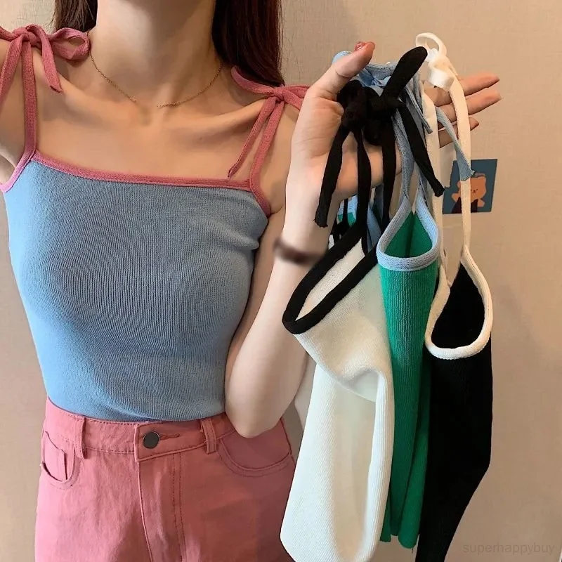 

Woman Simple Sweet Fresh Solid Color Sling Summer Slim Fit And Thin Straps Tied Rope Stitching Ladies Small Sling