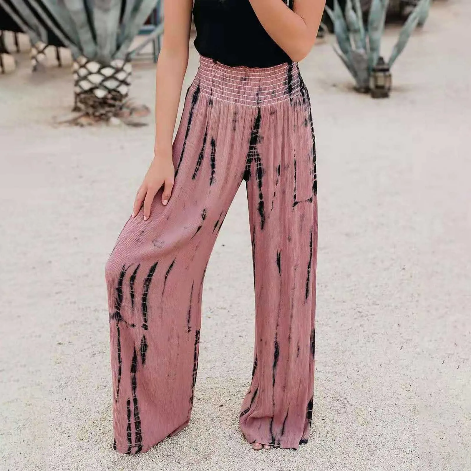 

Trend Trousers Streetwear Fashion Elastic High Waist Pockets Wide Leg Pants Painted Loose Casual Youth Women Autumn Clothing